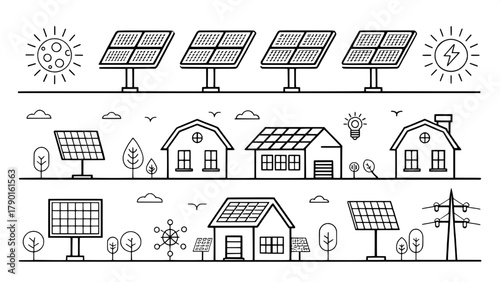 A minimalist black-and-white collection of solar panel icons arranged in two rows. Each icon illustrates a different concept — from solar panels on a house to energy transformation and eco efficiency.
