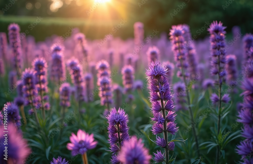 Obraz premium Field of purple flowers illuminated by warm sunset sunbeams. Tall Liatris blooms reach towards sky in green garden setting. Natural beauty, floral abundance, springtime serenity, peaceful atmosphere.