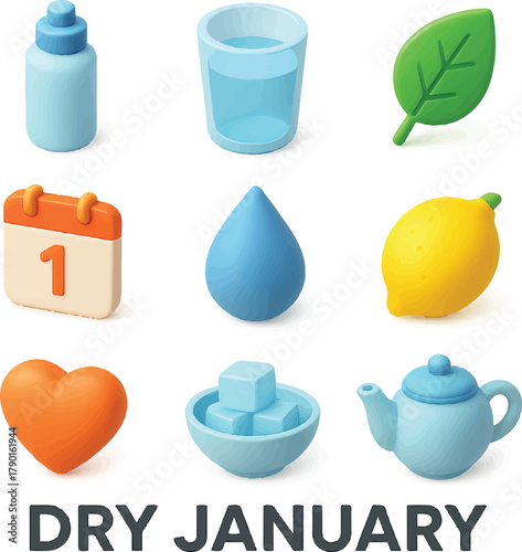 Embrace Dry January with water, lemon, and self care icons, perfect for promoting a healthy lifestyle and mindful consumption in a new year kickoff