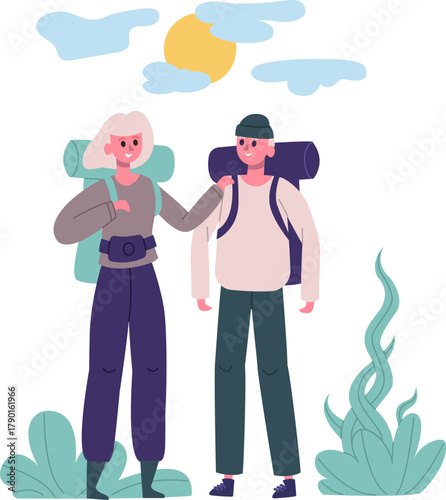 Couple hiking outdoors with backpacks under the sun