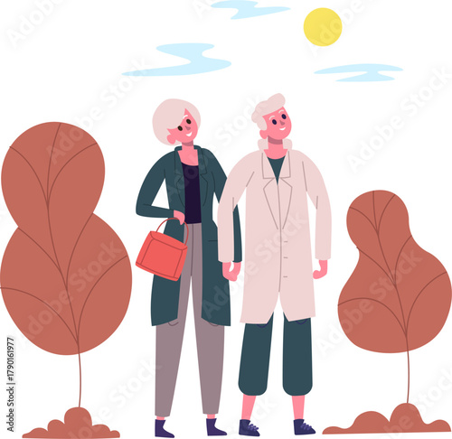 Senior couple walking enjoying sunny day outdoor