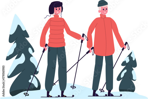 Couple cross country skiing enjoying winter outdoor activity