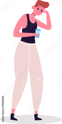 Young man feeling unwell holding glass of water