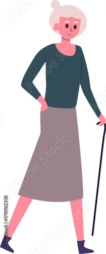 Senior woman walking independently holding a cane
