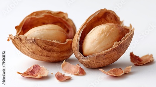 A close-up of broken walnut shells revealing whole walnuts inside, surrounded by shell fragments on a clean surface.