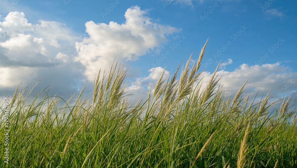 Fototapeta premium Lush green grasses under a clear blue sky, ideal for showcasing seasonal change