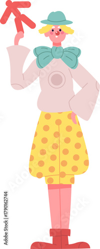 Clown character holding red arrow pointing up