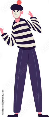 Mime artist performing street theatre with sad expression