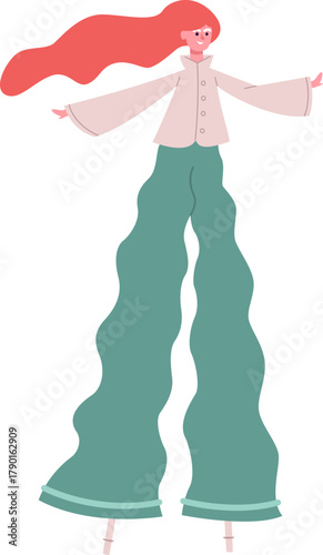 Woman performer balancing on tall stilts digital illustration