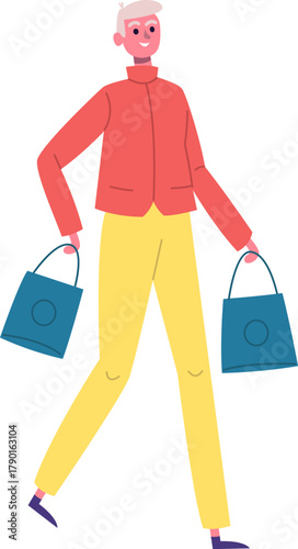 Smiling man walking and purchasing with shopping bags