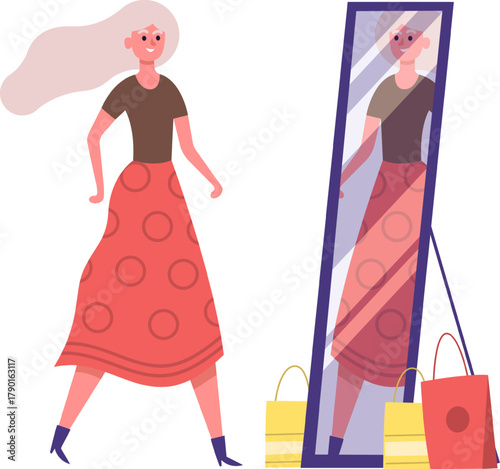 Woman trying on new clothes looking in mirror