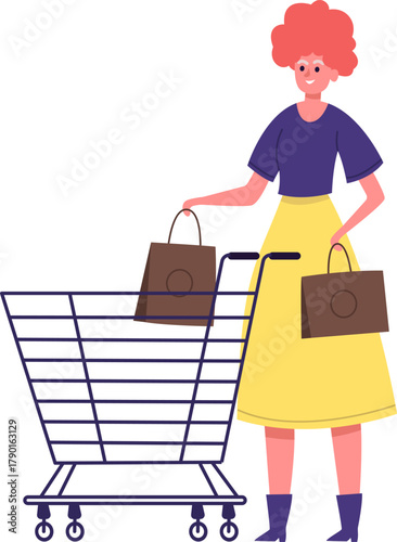 Senior woman shopping, pushing cart with bags