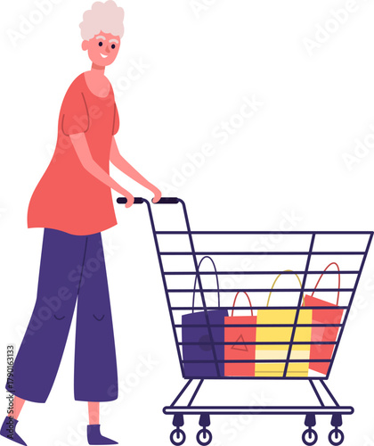 Older woman pushing shopping cart with shopping bags