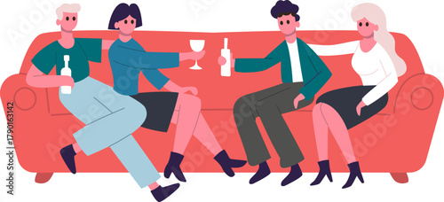 Friends enjoying an evening social gathering on sofa