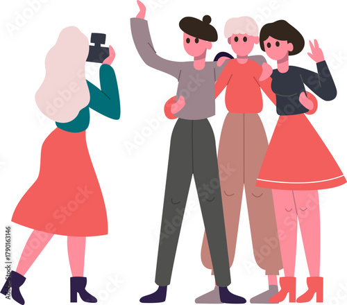 Woman photographing a group of friends posing together