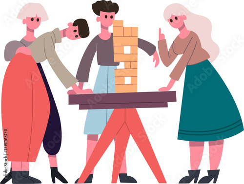 People collaborating on block stacking strategy game