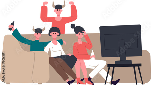 Friends watching television cheering and showing disappointment