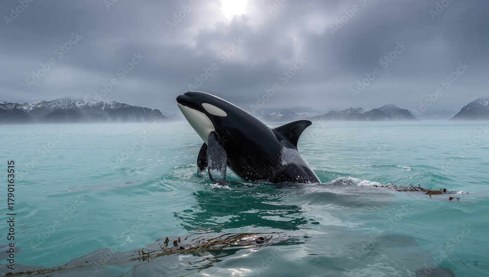 Fototapeta premium Killer whale in Shiretoko, exploring marine biodiversity, preservation