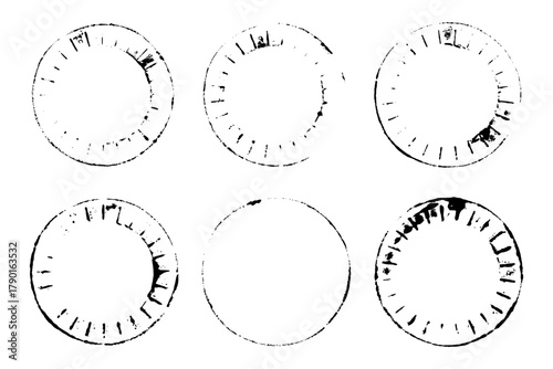 Six monochrome black round worn seals or stamps with minute internal divisions, vintage grunge effect. Vector outline illustration on isolated background.