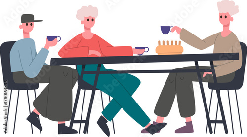 Three adults enjoying a coffee or tea break