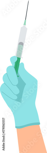 Gloved hand holding syringe with vaccine liquid