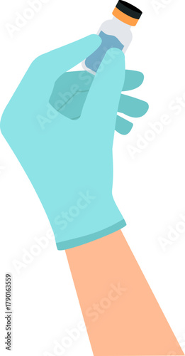 Hand wearing medical glove holding vaccine vial