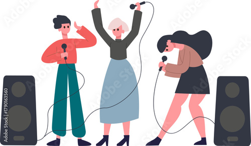 Friends singing karaoke song performing entertainment together