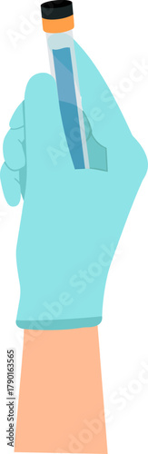 Gloved hand holding test tube with blue liquid