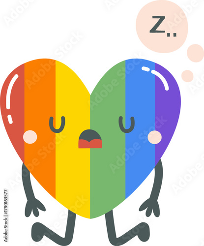 Pride rainbow heart character experiencing sleepiness and rest
