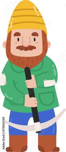 Bearded man holding a pickaxe for mining or digging