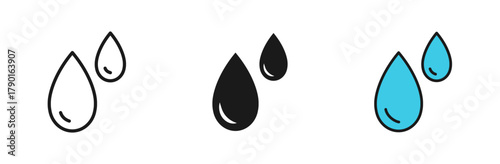 Water drop shape icon set. Blood or oil drop. Line, glyph and flat style. Vector illustration