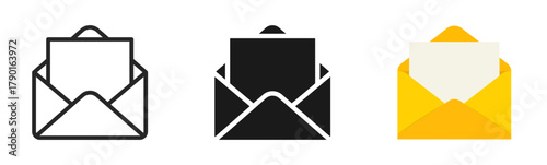 Envelope icon set. Message e-mail envelope. Letter envelope with paper document. Line, glyph and flat style. Opened message e-mail envelope. Vector illustration
