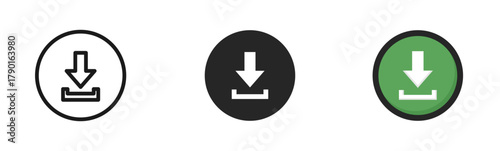 Download icon set. Loading sign. Software download icon. Arrow loading icon. File upload icon. Line, glyph and flat style. Vector illustration