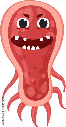 Scary red cartoon germ monster with sharp teeth