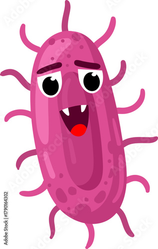 Cute pink cartoon germ character smiling with fangs