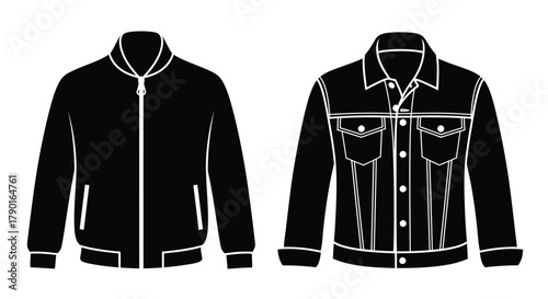 Black and white illustration of a denim and bomber jacket design