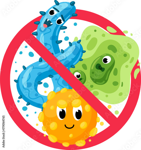 Stopping cartoon germs and bad bacteria concept