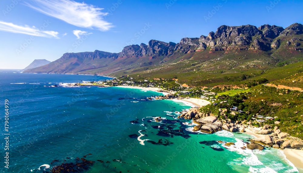 Naklejka premium Breathtaking aerial view of Camps Bay beach and Twelve Apostles mountains.