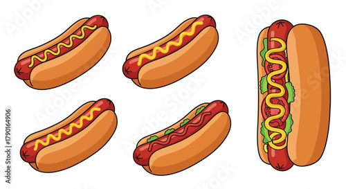 Cartoon illustration of several hot dogs with various toppings displayed
