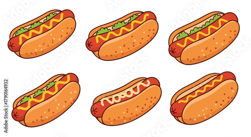 Colorful cartoon illustration depicting six hot dogs with various toppings