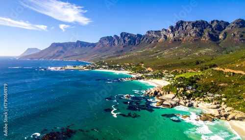 Breathtaking aerial view of Camps Bay beach and Twelve Apostles mountains.