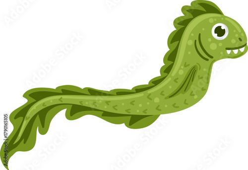 Green cartoon sea creature character swimming underwater