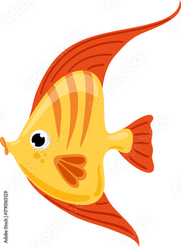 Yellow cartoon tropical fish swimming with orange fins