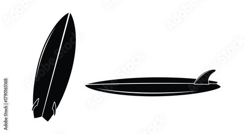 Two black silhouettes of surfboards one longboard and one shortboard