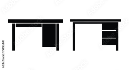 Black and white illustration of two simple desk designs with drawers