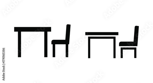 Simple black and white illustration of a table and two chairs