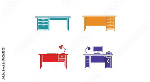 Colorful flat design icons depicting various office desks and accessories