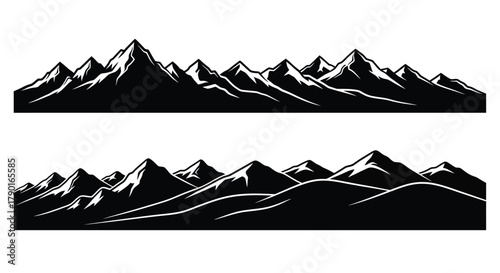 A striking black and white illustration depicting a mountain range silhouette