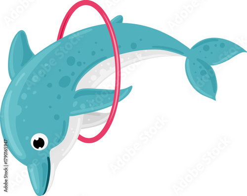 Dolphin jumping through a hoop performing a show trick