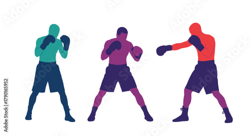 Three colorful boxers in fighting stance a dynamic illustration of sport